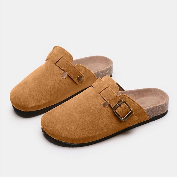 Caramel Suede Closed Toe Buckle Slide - Picture 3 of 5